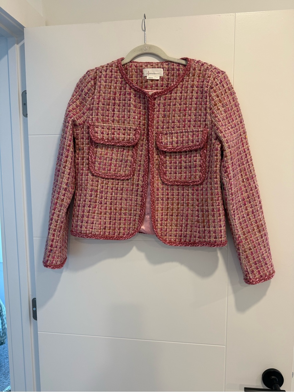 Anthropologie Pink Tweed Pocket Blazer